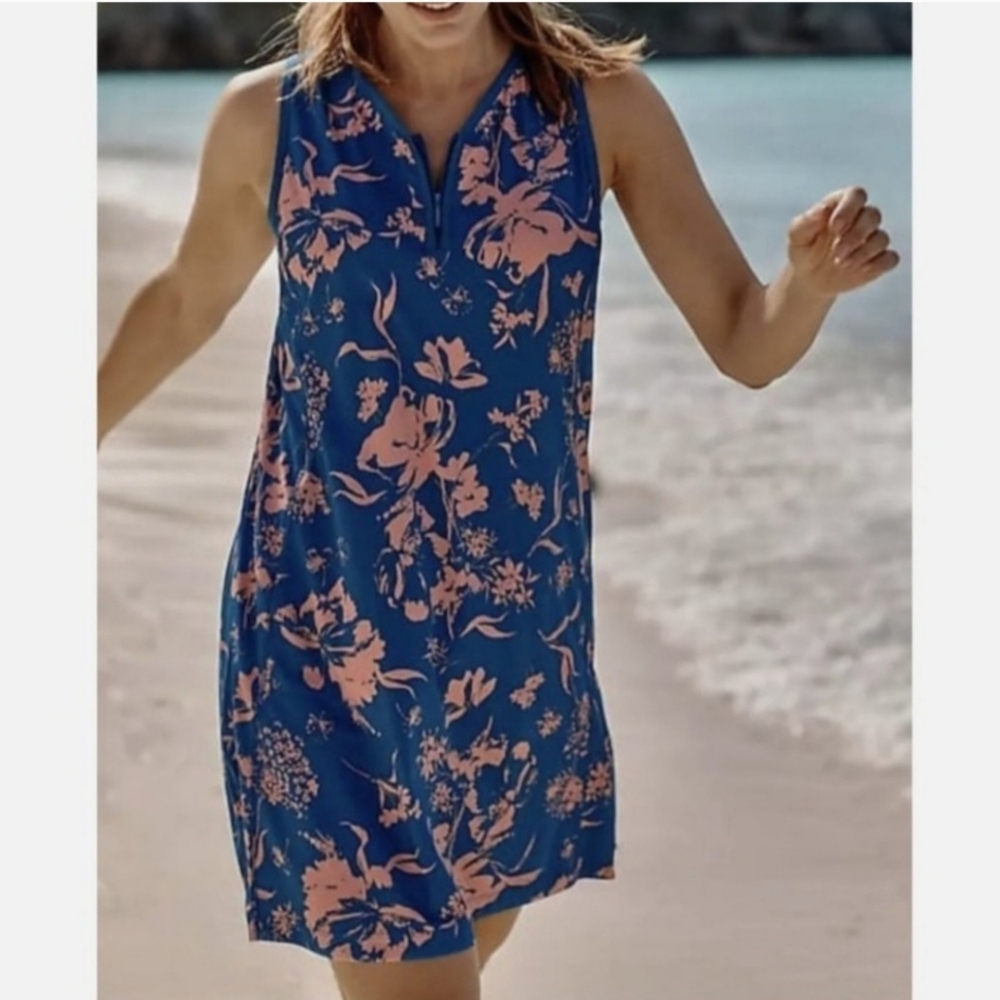 J. Jill Fit Zip Racerback Dress Floral Blue Large Athleisure Tennis Golf Beach